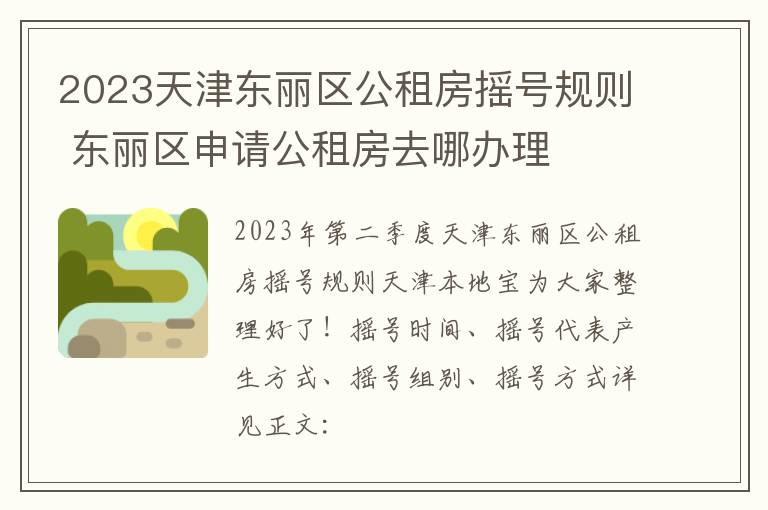 2023天津东丽区公租房摇号规则 东丽区申请公租房去哪办理