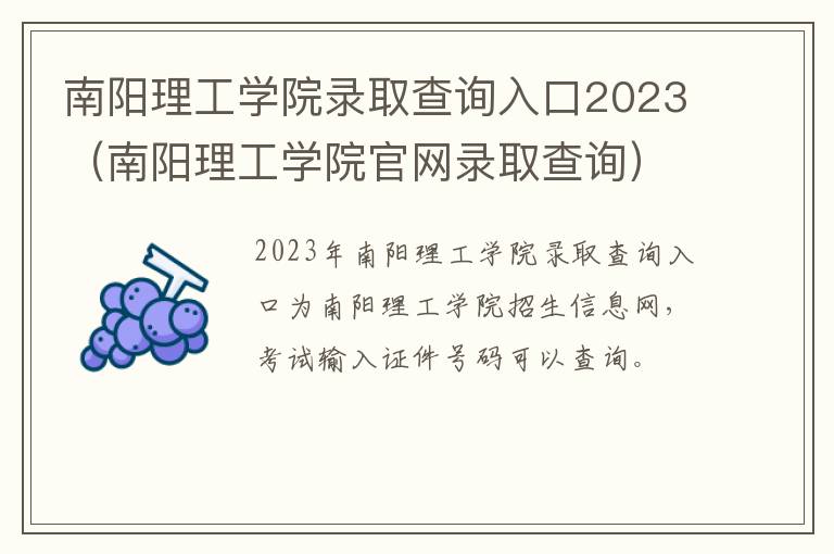 南阳理工学院官网录取查询 南阳理工学院录取查询入口2023